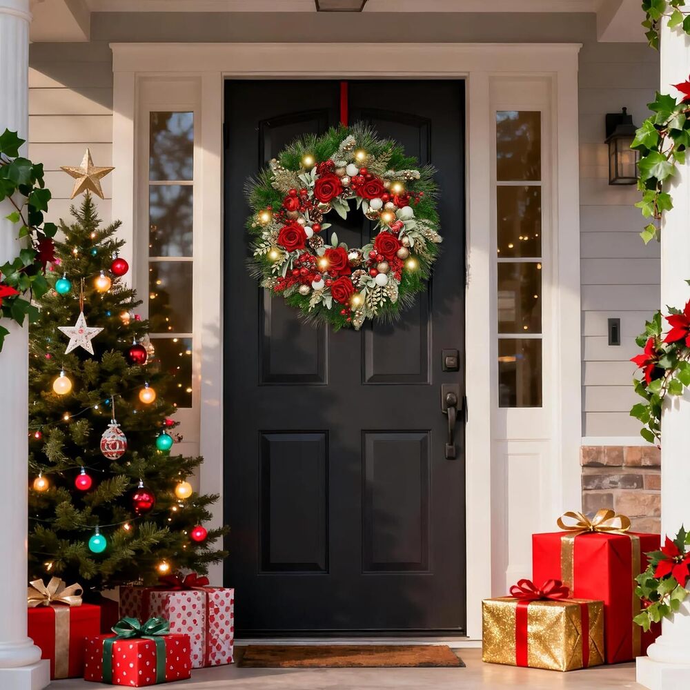 1060 24 Inch Artificial Christmas Wreath for Front Door, Christmas Rose - Picture 6 of 8